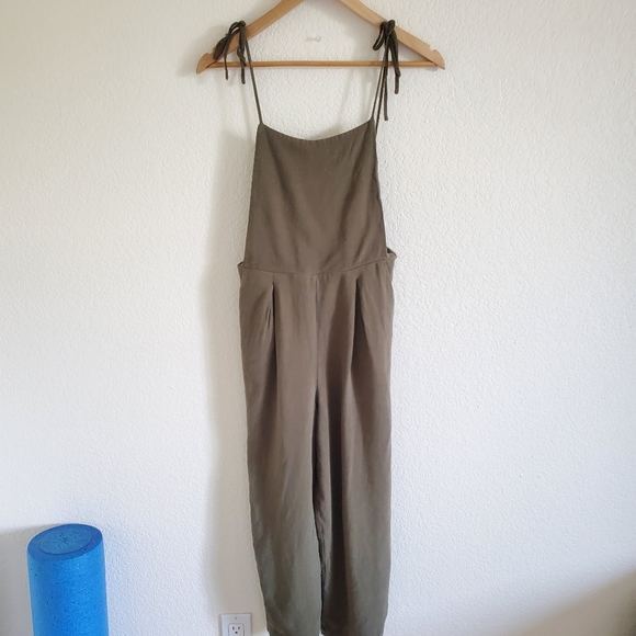 Vici Pants - June&Hudson olive green dark green tie strap jumpsuit linen blend